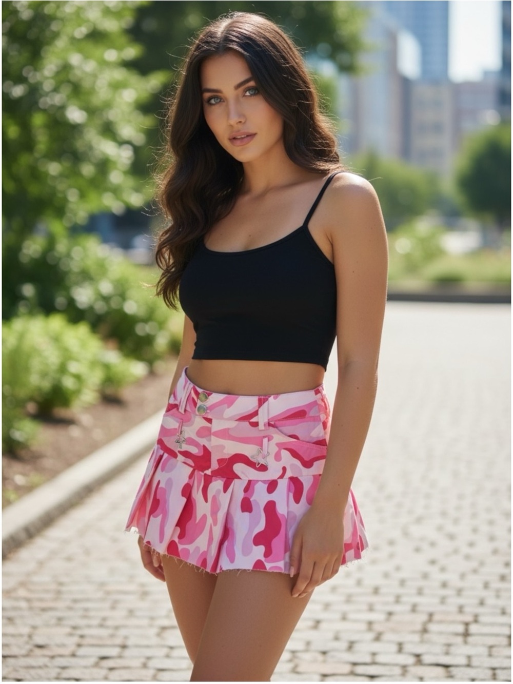 NWT KOLLYY S pink camo pleated star charm mini skirt